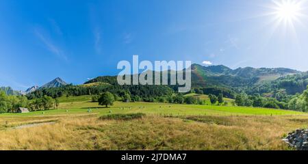 Authentiques granges pyrénéennes avec toit en ardoise et pierre exposée dans la vallée de l'Aure. Vue imprenable sur les montagnes Banque D'Images