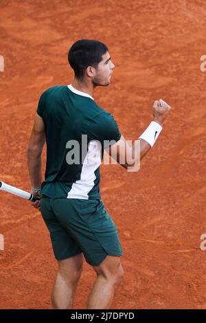 Madrid, Espagne, 08 mai 2022, Carlos Alcaraz Garfia d'Espagne vu lors de la Mutua Madrid Open finales contre Alexander Zverev d'Allemagne au stade Manolo Santana, Madrid. Carlos Alcaraz bat Alexandre Zverev (6-3,6-1) Banque D'Images