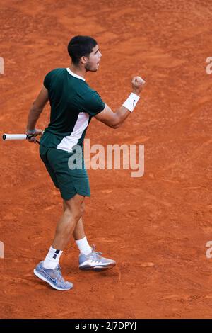 Madrid, Espagne, 08 mai 2022, Carlos Alcaraz Garfia d'Espagne vu lors de la Mutua Madrid Open finales contre Alexander Zverev d'Allemagne au stade Manolo Santana, Madrid. Carlos Alcaraz bat Alexandre Zverev (6-3,6-1) Banque D'Images