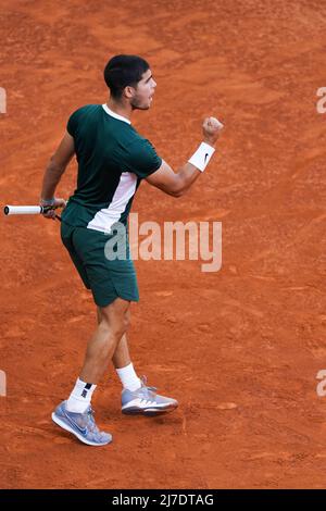 Carlos Alcaraz Garfia d'Espagne vu lors de la Mutua Madrid Open finales contre Alexandre Zverev d'Allemagne au stade Manolo Santana, Madrid. Carlos Alcaraz bat Alexander Zverev (6-3,6-1) (photo d'Atilano Garcia / SOPA Images/Sipa USA) Banque D'Images