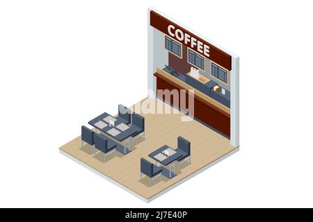 Isométrique Food court café, intérieur de restaurant, restauration, galerie marchande, café noir, Cappuccino, Latte, Espresso, Macchiatto, Mocha Illustration de Vecteur