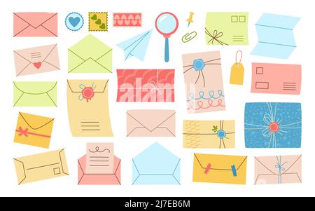 Enveloppe postale mise en place de cartes postales. Papier artisanal fait main lettre, cartes papeterie, cire d'étanchéité, cachet postal. Recevoir ou envoyer un message sms. Lettres boîte aux lettres et service de courrier caricature collection vintage Illustration de Vecteur