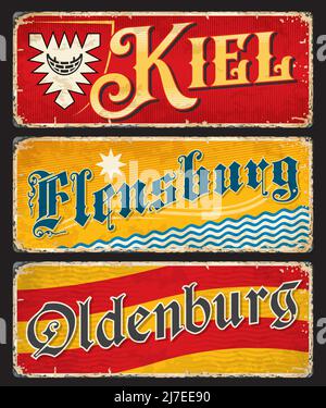 Kiel, Oldenburg, Flensburg, autocollants et assiettes de voyage de la ville allemande. Allemagne visite de vacances lieu étain signes avec drapeaux, typographie antique et les armoiries. Bannière ou carte postale de voyage en Europe Illustration de Vecteur