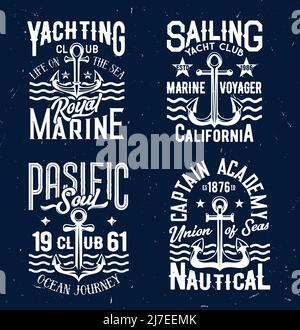 Imprimé t-shirt avec ancres et vagues, motif vectoriel pour vêtements. Étiquettes d'armature avec typographie pour le club de voile de yacht, le voyage de l'océan pacifique, marine capitaine academy t shirt imprimés ensemble isolé Illustration de Vecteur