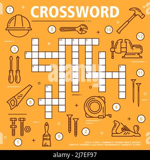 Tableau de la grille de mots croisés des outils de construction, de bricolage et de réparation. Trouvez un jeu de quiz de mot, jeu logique d'enfant de maternelle ou puzzle, énigme éducative d'enfants d'âge préscolaire avec les outils de réparation de vecteur de contour de main Illustration de Vecteur