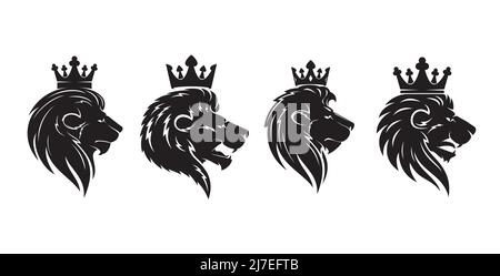 Tête de roi de lion avec couronne, icône royale heralsèche ou emblème héraldique, blason animal vecteur. Lion héraldique avec silhouette de l'écusson de la couronne, écusson royal ou mascotte, Lion endémique pour blason impérial Illustration de Vecteur