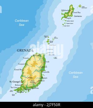 Carte physique très détaillée des îles de la Grenade, en format vectoriel, avec toutes les formes de relief, les régions et les grandes villes. Illustration de Vecteur