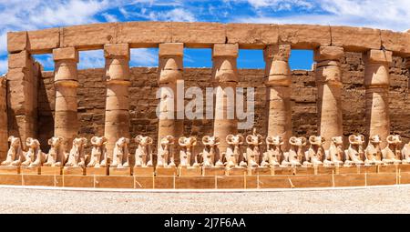 La rangée de sphinx à tête de bélier à l'intérieur de la Grande Cour, Temple Karnak, Louxor, Égypte Banque D'Images