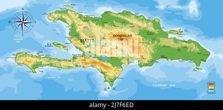 Carte physique très détaillée d'Haïti et de la République dominicaine , en format vectoriel, avec toutes les formes de secours, les régions et les grandes villes. Illustration de Vecteur