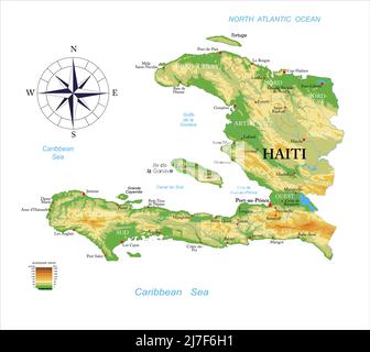 Carte physique très détaillée d'Haïti, en format vectoriel, avec toutes les formes de secours, les régions et les grandes villes. Illustration de Vecteur