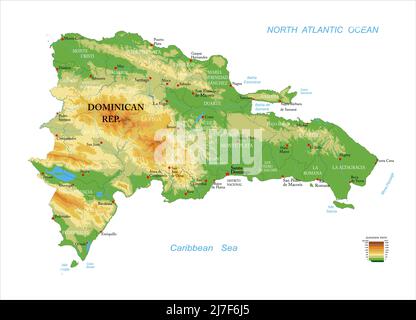 Carte physique très détaillée de la République dominicaine, en format vectoriel, avec toutes les formes de relief, les régions et les grandes villes. Illustration de Vecteur