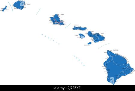 Carte vectorielle très détaillée d'Hawaï avec régions administratives, principales villes et routes. Illustration de Vecteur