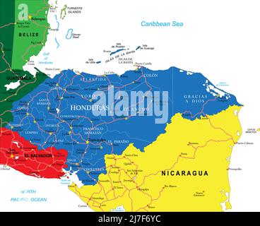 Carte vectorielle très détaillée du Honduras avec régions administratives, principales villes et routes. Illustration de Vecteur
