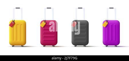 Ensemble de 3D icônes de style de rendu des sacs de voyage avec des étiquettes de nom de différentes couleurs. Illustration vectorielle Illustration de Vecteur
