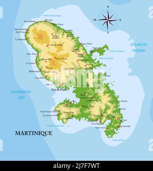 Carte physique très détaillée de l'île de Martinique, en format vectoriel, avec toutes les formes de relief, les régions et les grandes villes. Illustration de Vecteur
