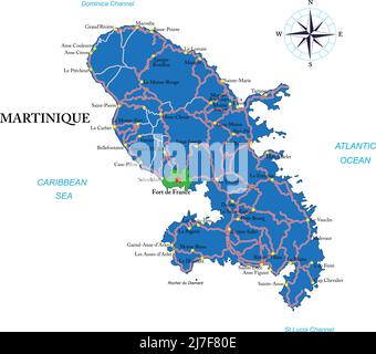 Carte vectorielle très détaillée de la Martinique avec régions administratives, principales villes et routes. Illustration de Vecteur