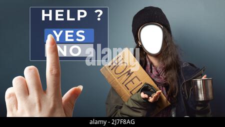 Une femme tient un panneau en carton avec l'inscription sans-abri et une tasse de mendicité en acier. Une main féminine appuie sur un bouton virtuel pour l'aider. Une face coupée Banque D'Images