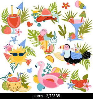 Ensemble de compositions estivales mignonnes, jouet gonflable flamant, feuilles tropicales, fruits, cocktails, toucan et d'autres parfaits pour la carte postale, scrapbooking, fête de plage. Saison chaude. Illustration vectorielle. Illustration de Vecteur