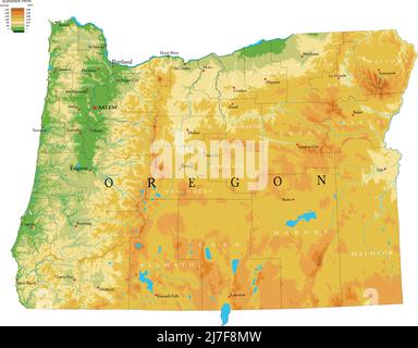 Carte physique très détaillée de l'Oregon, en format vectoriel, avec toutes les formes de relief, les régions et les grandes villes. Illustration de Vecteur