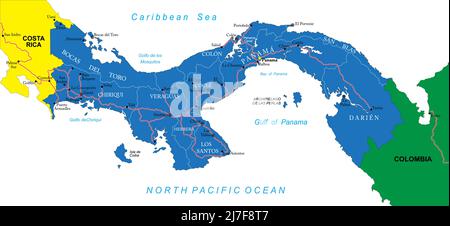 Panama carte vectorielle très détaillée avec régions administratives, principales villes et routes. Illustration de Vecteur