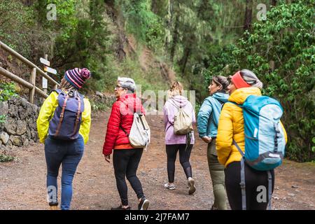 Groupe de femmes avec différents âges et origines ethniques ayant l'amusement marche dans les bois - aventure et Voyage concept de gens Banque D'Images