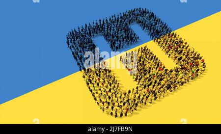 Concept ou conceptuel grande communauté de personnes formant le signe de l'hôpital sur le drapeau ukrainien. 3d métaphore de l'illustration pour l'aide aux soins de santé, medi Banque D'Images