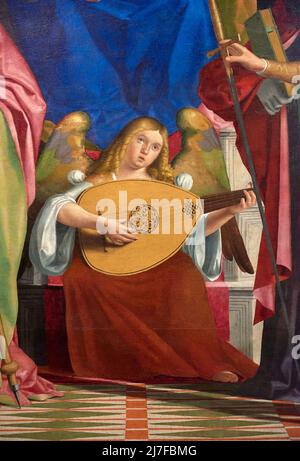 Particolare da "Madonna in trono col Bambino con San Prosdocimo, San Giacomo Maggiore, San Girolamo e San Giorgio" - olio su tavola - Andrea Predita Banque D'Images