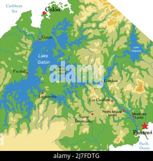 Carte physique très détaillée de la région du canal de Panama, en format vectoriel, avec toutes les formes de relief et les grandes villes. Illustration de Vecteur