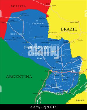 Carte vectorielle très détaillée du Paraguay avec régions administratives, principales villes et routes. Illustration de Vecteur