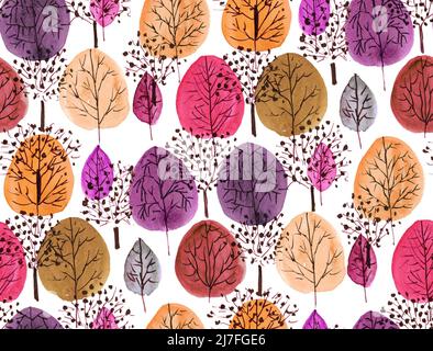 Aquarelle peinte à la main sans couture motif arbre abstrait vintage Banque D'Images