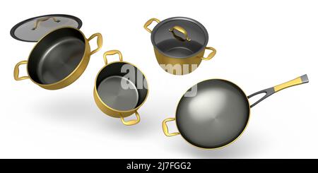 Jeu de récipients en acier inoxydable, poêle à frire et batterie de cuisine en aluminium chromé sur fond blanc. 3d rendu des ustensiles de cuisine antiadhésifs Banque D'Images