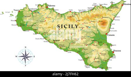 Carte physique très détaillée de la Sicile en format vectoriel, avec toutes les formes de relief, les régions et les grandes villes. Illustration de Vecteur