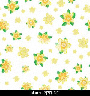 Motif de fleurs jonquilles vectorisées fond sans couture. Mélange blanc et jaune vif de narcisse têtes de fleurs en toile de fond. Motif dessiné à la main sur une texture à points Illustration de Vecteur