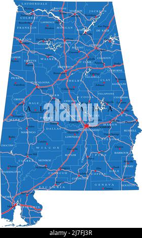 Carte détaillée de l'État de l'Alabama, en format vectoriel, avec frontières du comté, routes et grandes villes. Illustration de Vecteur