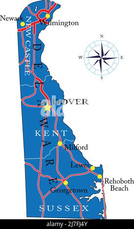 Carte détaillée de l'État du Delaware, au format vectoriel, avec frontières du comté, routes et grandes villes. Illustration de Vecteur