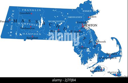 Carte détaillée de l'état du Massachusetts, en format vectoriel, avec frontières du comté et grandes villes. Illustration de Vecteur