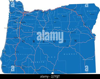 Carte détaillée de l'état de l'Oregon, au format vectoriel, avec frontières du comté, routes et grandes villes. Illustration de Vecteur