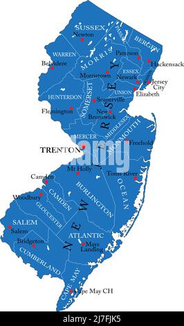 Carte détaillée de l'État du New Jersey, en format vectoriel, avec les frontières du comté et les grandes villes. Illustration de Vecteur