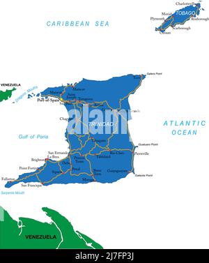 Trinité-et-Tobago carte vectorielle très détaillée avec régions administratives, villes principales et routes. Illustration de Vecteur