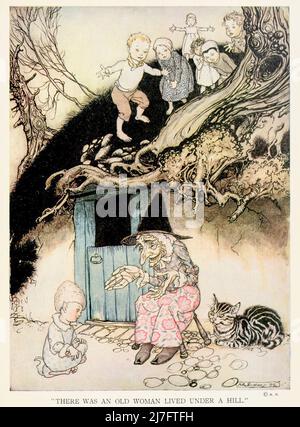 Il y avait une vieille femme qui vivait sous une colline, et si elle n'est pas partie, elle y vit encore de ' mère Goose l'ancienne comptine rhymes ' illustré par Arthur Rackham, publié en 1913 Banque D'Images