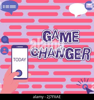 Légende conceptuelle changeur de jeux. Concept signification Sports Data Scorekeeper Gamestreams Live scores Team Admins mains tenant un dispositif technologique Banque D'Images