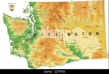 Carte physique très détaillée de Washington, en format vectoriel, avec toutes les formes de relief, les régions et les grandes villes. Illustration de Vecteur