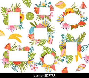 Ensemble de compositions d'été, feuilles tropicales, fleurs et fruits exotiques avec des cadres à l'intérieur pour votre texte. Illustration vectorielle Illustration de Vecteur