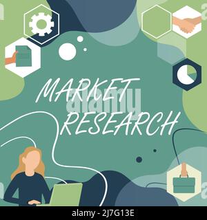 Légende conceptuelle étude de marché. Mot écrit sur l'acttion de la collecte d'informations sur les consommateurs femme pensée novatrice des idées de direction Banque D'Images