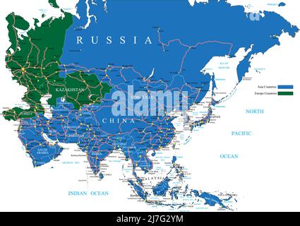 Carte vectorielle très détaillée de l'Asie avec les pays, les principales villes et les routes. Illustration de Vecteur