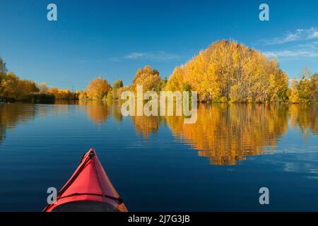 Kayak et réflexions automnales dans l'étang de Kellands, près de Twizel, district de Mackenzie, North Otago, South Island, Nouvelle-Zélande Banque D'Images