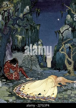 Violette a accepté volontiers de passer la nuit dans la forêt de l'histoire D'OURSON du livre ' Old French Fairy Tales ' de comtesse de Ségur, Sophie, 1799-1874; et illustré par Virginia Frances Sterrett. Publié à Philadelphie, par la société d'édition Penn 1920. Un livre merveilleux avec 5 contes de fées français intemporels magnifiquement illustré avec 8 belles et spectaculaires pleine page couleur et de nombreux dessins noir et blanc de Virginia Frances Sterrett. 'Je n'avais que 19 ans, c'était le premier livre de Sterrett (né à Chicago), Banque D'Images