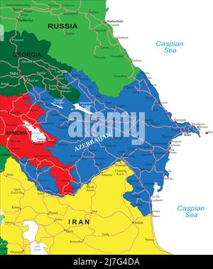 Azerbaïdjan carte vectorielle très détaillée avec régions administratives, principales villes et routes. Illustration de Vecteur