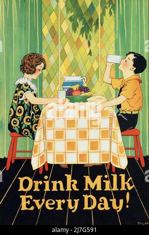 Affiche vintage 1930s - buvez du lait tous les jours Banque D'Images