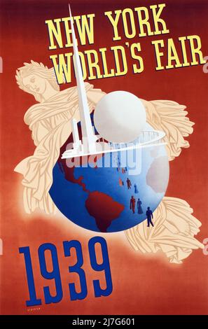 Affiche de voyage vintage 1930s pour la foire mondiale de New York 1939 . Banque D'Images